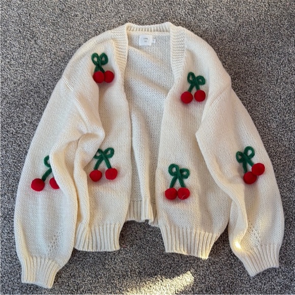 Cream Cherry Embellished Women Sweater - Picture 1 of 2